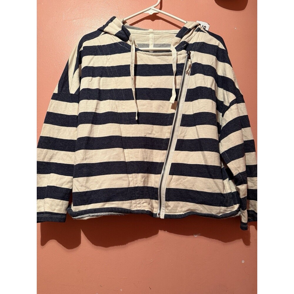 Ann Taylor Loft Womens Sweater S Small Dark Blue White Striped Hooded Cotton